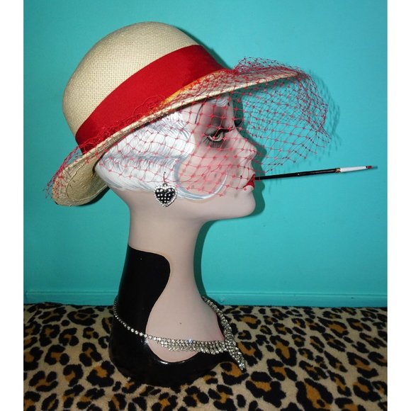 Vintage Tan and Red Veiled Hat - Picture 2 of 11